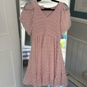 TECREW Smocked Short Sleeve V Neck Mini Dress Summer Swiss Dot Flowy Short Dress